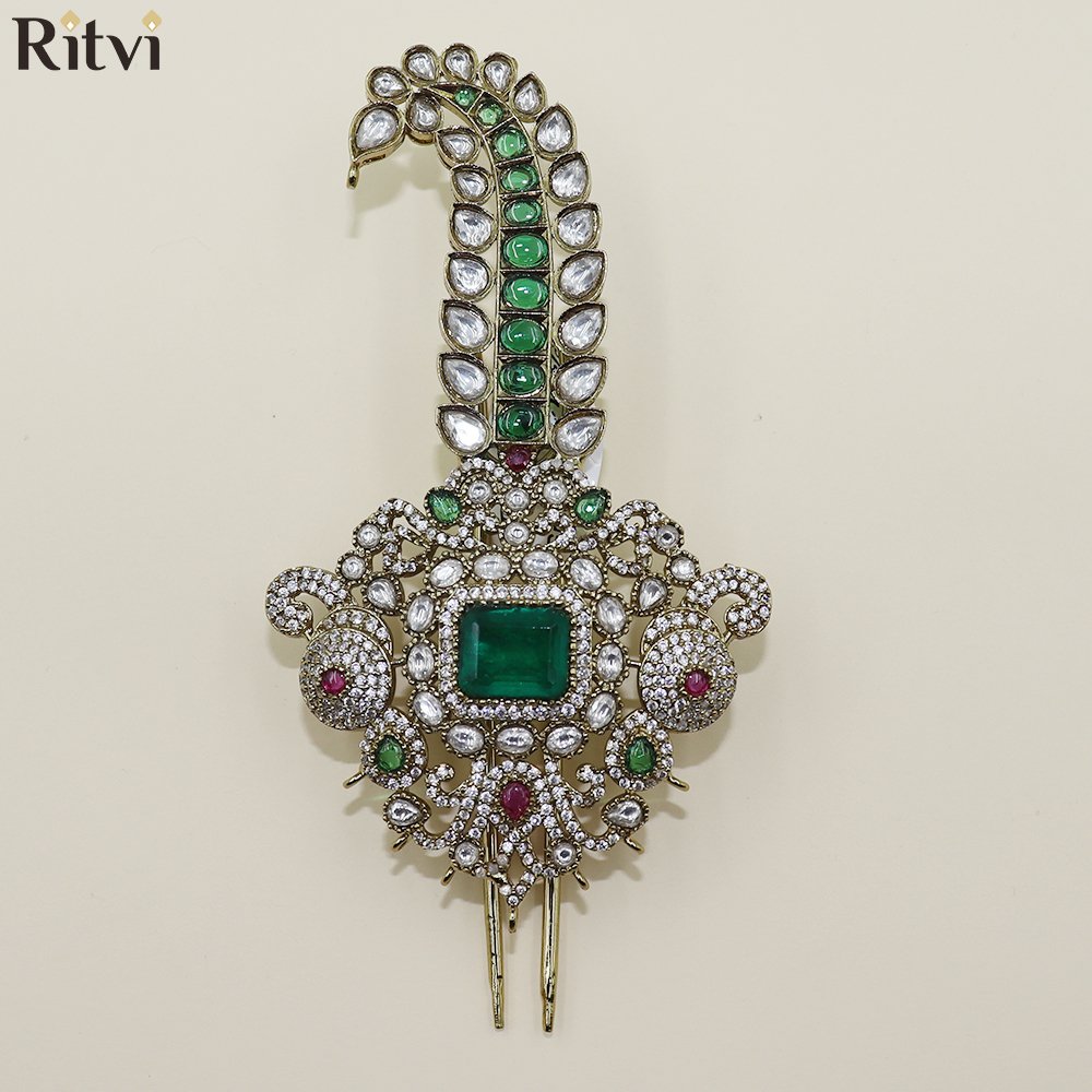 green kalgi Majestic Emerald Peacock Kundan Kalgi